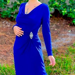 Blue Cocktail Dress by American Living w/ Rhinestone Broach